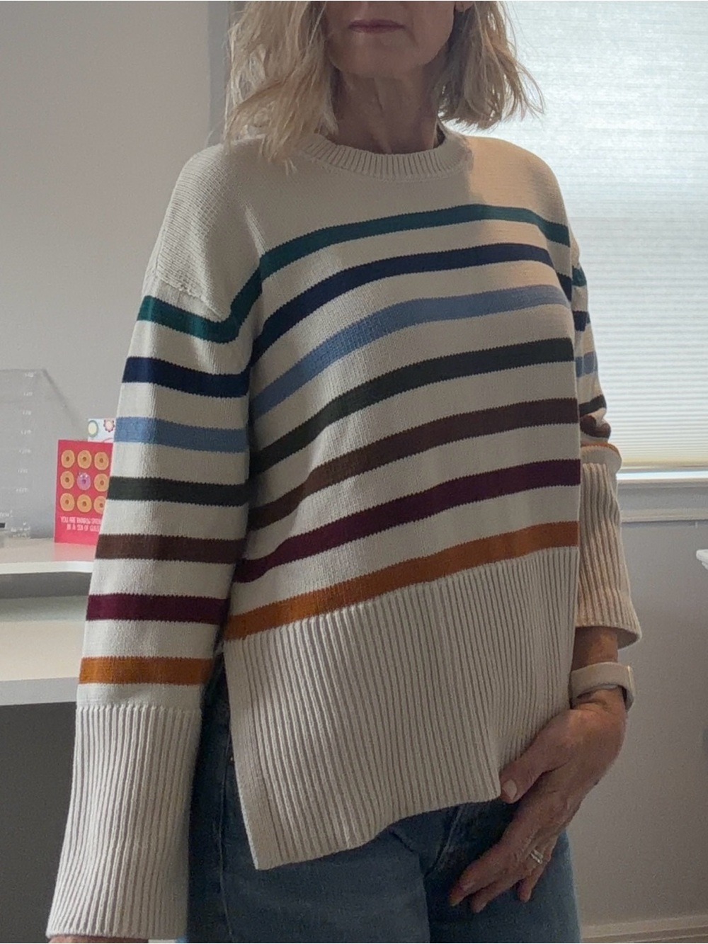 Striped Crewneck Sweater in Cream with Multi-Color Stripes
